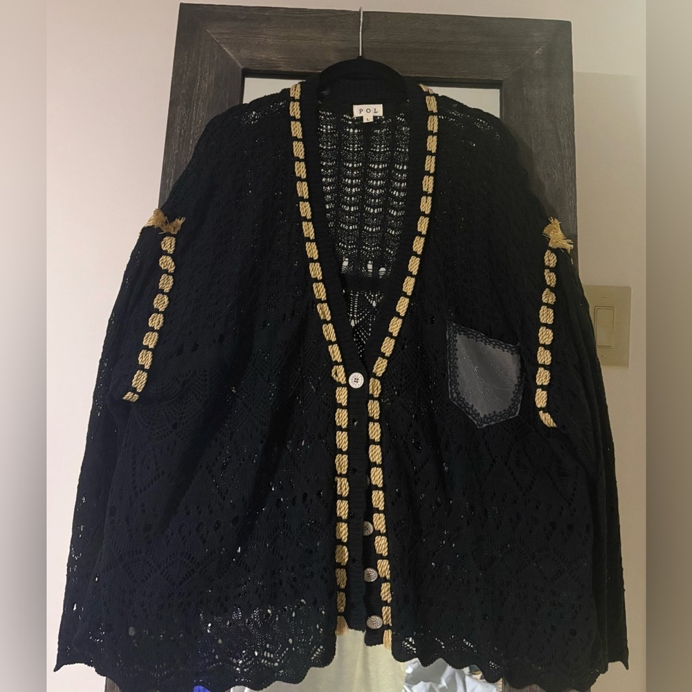 POL Black Crochet Cardigan with Gold Details
